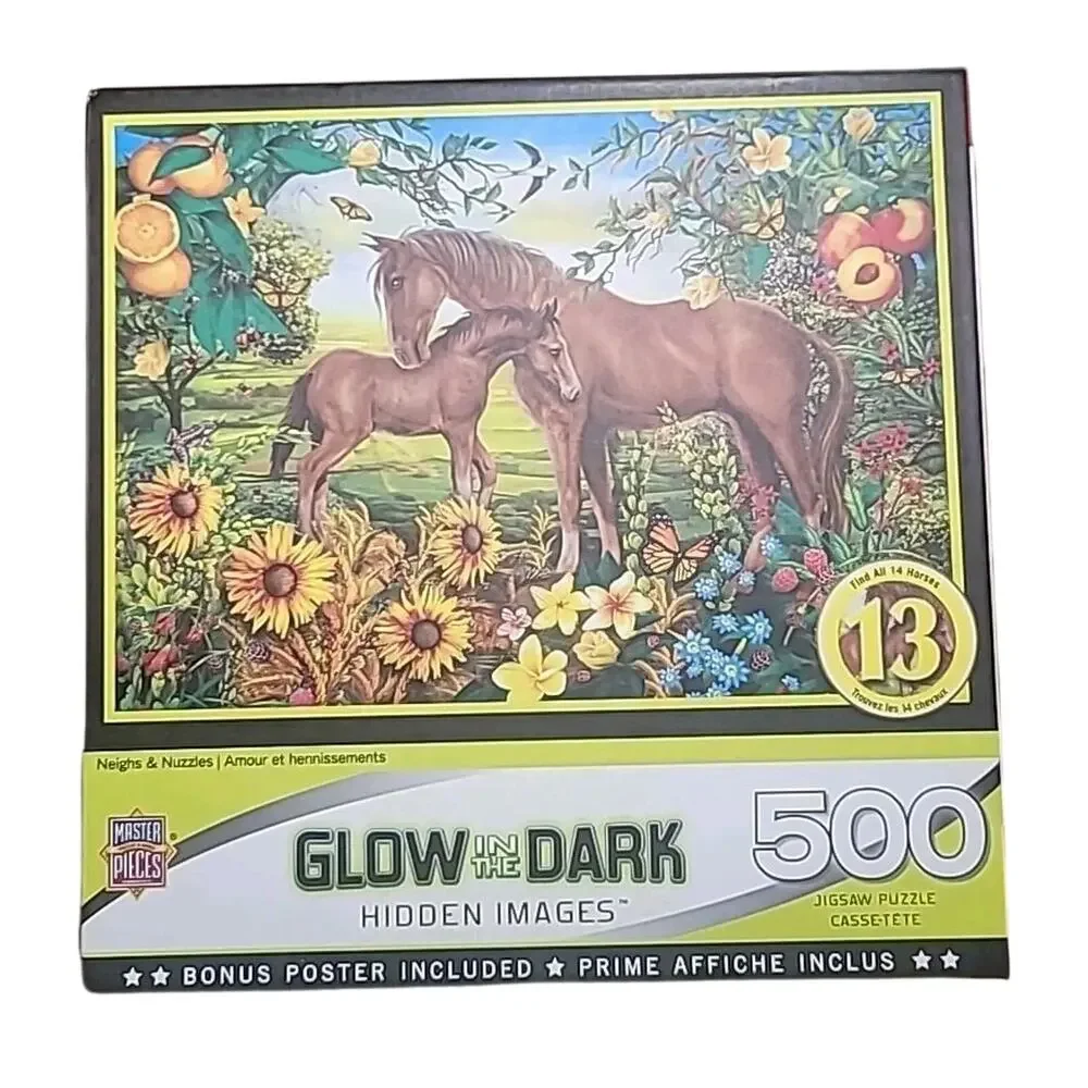 Master Pieces Puzzle Glow In The Dark Hidden Images Neighs & Nuzzles 500pc